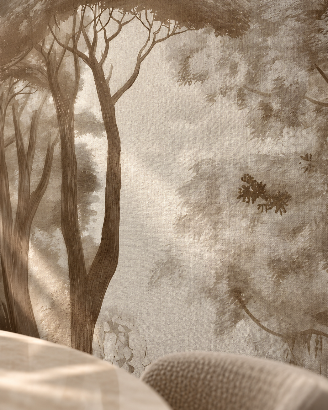 A close-up of a textured fabric or wallpaper featuring a sepia-toned forest scene with tall trees and soft misty light, with blurred upholstered furniture visible in the foreground.