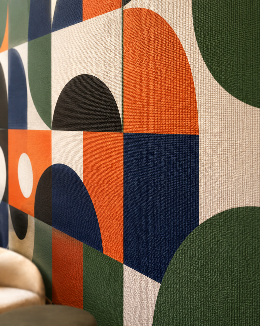 Abstract geometric wallpaper with a textured canvas-like finish, featuring overlapping arches and blocks in orange, navy, forest green, black, and cream.