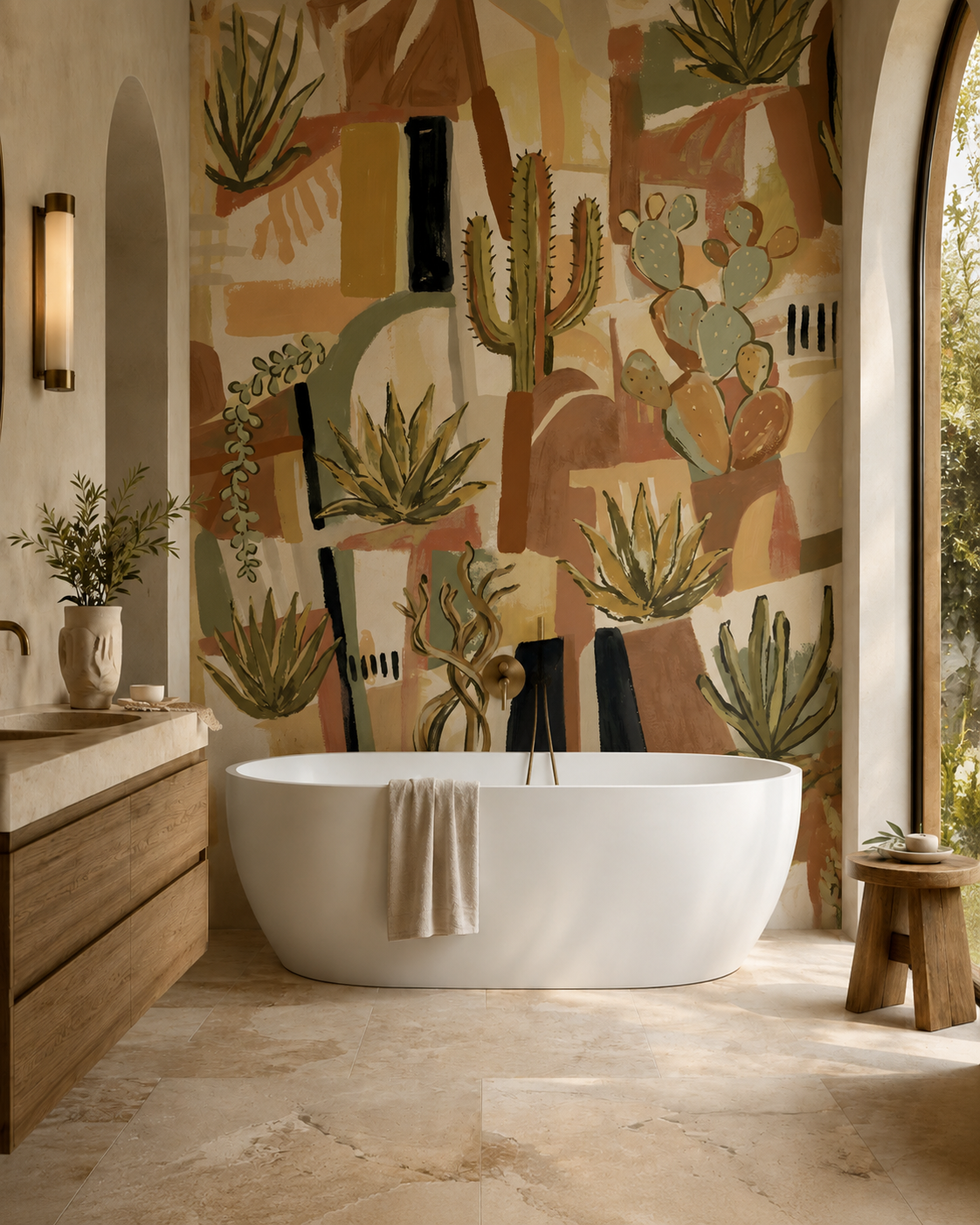 A modern bathroom scene featuring a large freestanding bathtub in front of a wall covered in a colorful desert botanical mural with cacti and succulents. The room has warm beige stone flooring, a wood vanity, and arched windows.
