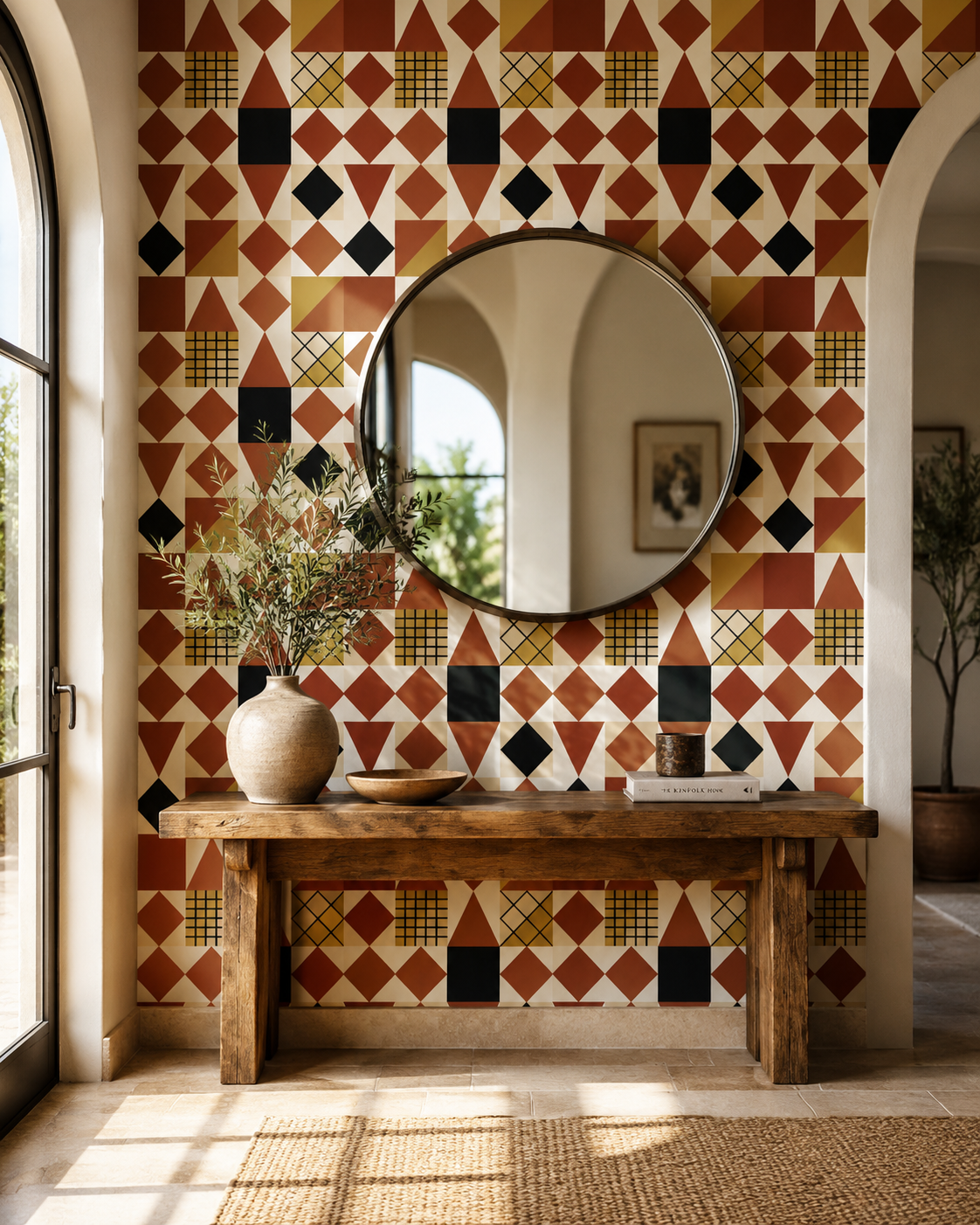 Decorative wall with geometric tile pattern, round mirror, and wooden console table.