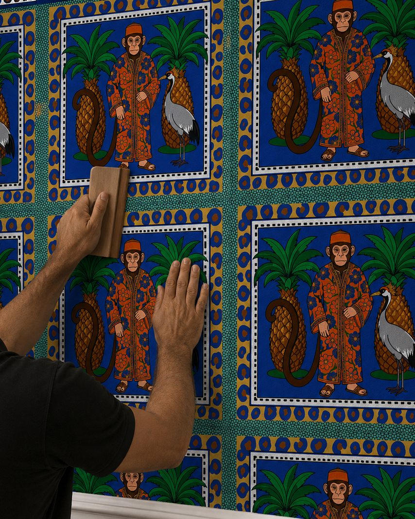A person wearing a black shirt is applying a rectangular squeegee to a sheet of patterned wallpaper on a wall. The wallpaper features a vibrant blue background with a central panel depicting a soldier, a palm tree, and a white crane, bordered by green and gold geometric patterns.
